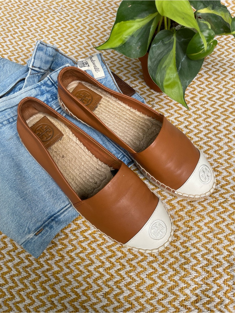 Tory Burch Tan Leather Espadrille Flats with White Toe Cap
